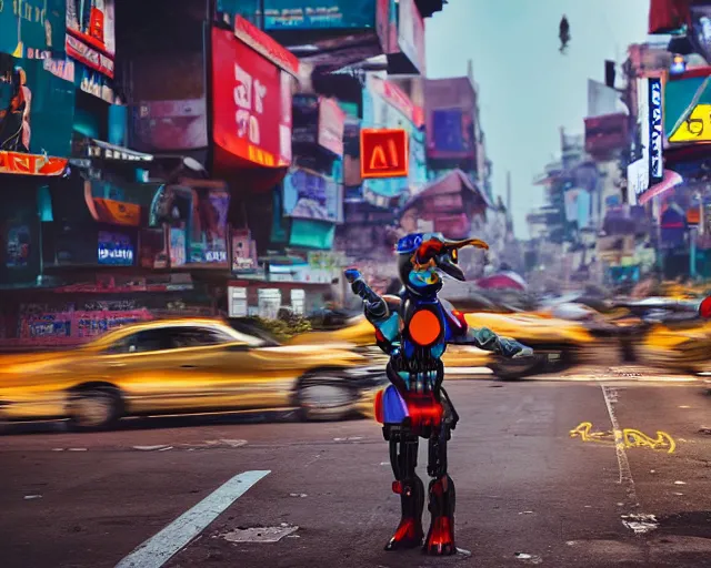 Prompt: A cyborg duck directing traffic in a busy street in India. Sharp focus, futuristic style, cyberpunk, volumetric lighting, 8K high definition, highly detailed, trending on artstation