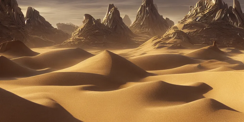 Image similar to a Dune ancient futuristic city, landscape, Dune movie, brutalism architecture, photo-realistic, photography, detailed, unreal engine, epic composition, shiny sand