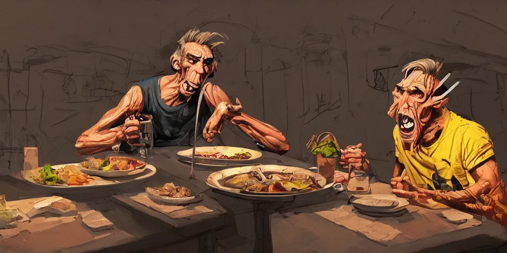 Image similar to cartoonish iggy pop eating dinner, vivid colors, character sheet, fine details, concept design, contrast, kim jung gi, greg rutkowski, trending on artstation, 8 k, full body, turnaround, front view, back view, ultra wide angle