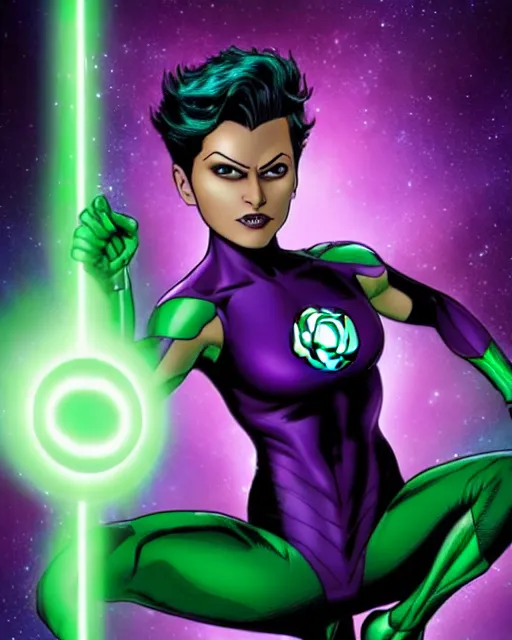 Prompt: photos of a real life soranik natu soaring thru outer space as a Green Lantern beautiful, photogenic, purple skin, short black pixie like hair, photorealistic, cinematic