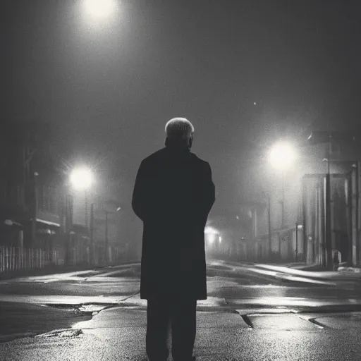Prompt: portrait of an old man standing in the street at night, light source is overhead street lights, close up, monochrome, rain, mist