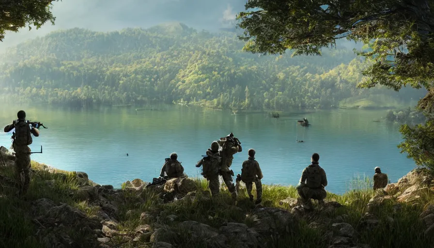 Image similar to back view of soldiers watching lake from the mountains, sunny day, forest, hyperdetailed, artstation, cgsociety, 8 k