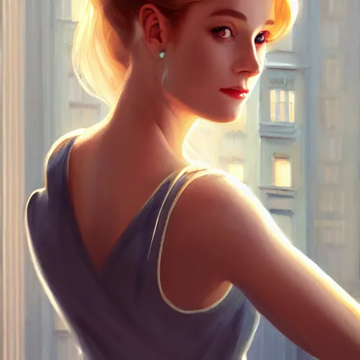 Image similar to blonde holly golightly in breakfast at tiffany's, anatomy, bathed in light, highly detailed, photorealistic, artstation, smooth, sharp focus, illustration, unreal engine 5, 8 k, art by artgerm and greg rutkowski and edgar maxence