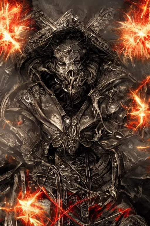 Image similar to Path of Exile, Sirius, clear [bronze] face, luminous red eyes, male image with bronze black armor, sitting on the throne, inside the ruined gothic church, black shadows, red lasers, dark red bloody fog, black tornadoes fly around, [[blood]], Anachronism, painting, dark fantasy, steampunk, 4k, perfect quality,