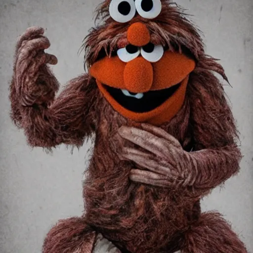 Prompt: a still of a forgotten muppet character looking very dated from the 1970s, hairy chest, huge chin, manly monster tough guy, roughled fur, photo real, photographic, photograph, artstation, trending, featured
