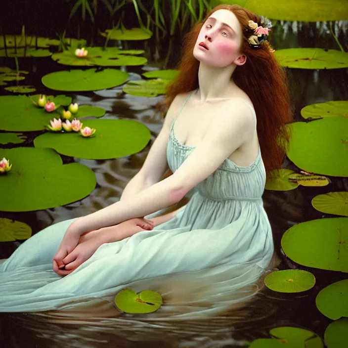 Image similar to Kodak Portra 400, 8K, soft light, volumetric lighting, highly detailed, britt marling style 3/4 ,portrait photo of a beautiful woman how pre-Raphaelites painter, the face emerges from the water of a pond with water lilies, in the pose of Ophelia Millais, a beautiful lace dress and hair are intricate with highly detailed realistic beautiful flowers , Realistic, Refined, Highly Detailed, natural outdoor soft pastel lighting colors scheme, outdoor fine art photography, Hyper realistic, photo realistic