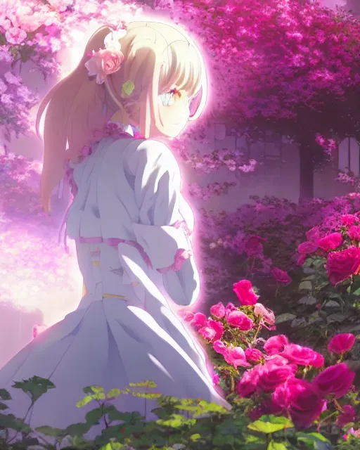 Image similar to cyborg girl in rose garden, contemplation, anime epic artwork, kyoto animation, key visual, 4 k, ultra fine detail