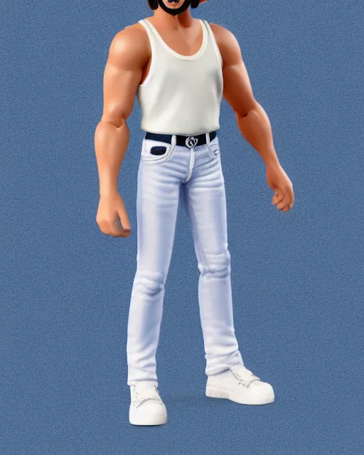 Image similar to full body 3 d render of freddie mercury, white sleeveless tank top blue jeans as a funko pop!, four, studio lighting, white background, single body, no shadow, blender, trending on artstation, 8 k, highly detailed