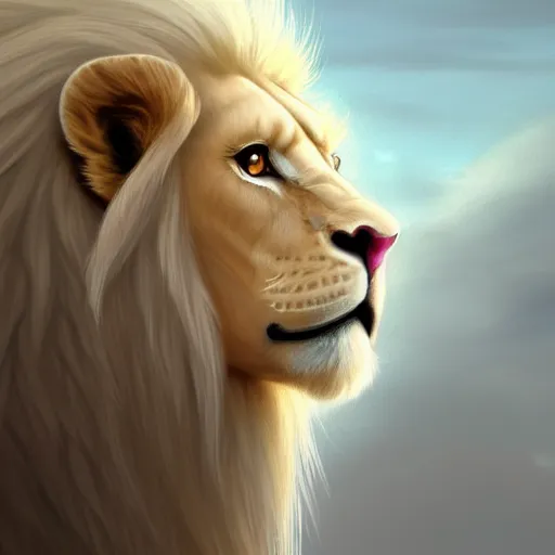 Image similar to a beautfiul aesthetic commission portrait of a anthro albino lion looking at the sky worried,attractive beautiful face,detailes face,expression,natural lighting,fantasy art,deviantart,artstation,character design by charles bowater,ross tran,4k,photorealistic