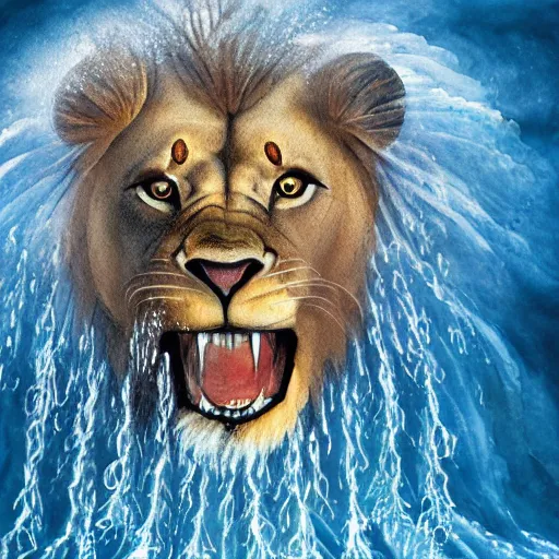 Image similar to a male lion's face breaching through a wall of water, water sprites, splashing, deep blue water color, highly detailed