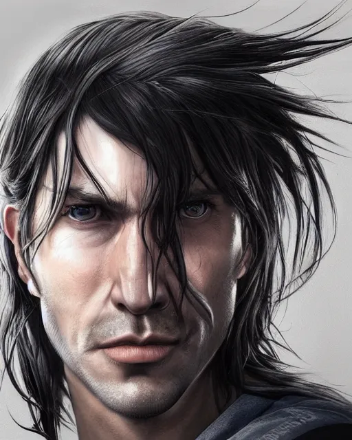 Prompt: portrait of tall, tired 3 3 - year - old handsome man with long black hair, grey eyes, wearing black clothes, hyper realistic face, beautiful eyes, character art, art by mark brooks, hyperdetailed, cryengine, trending on artstation, digital art