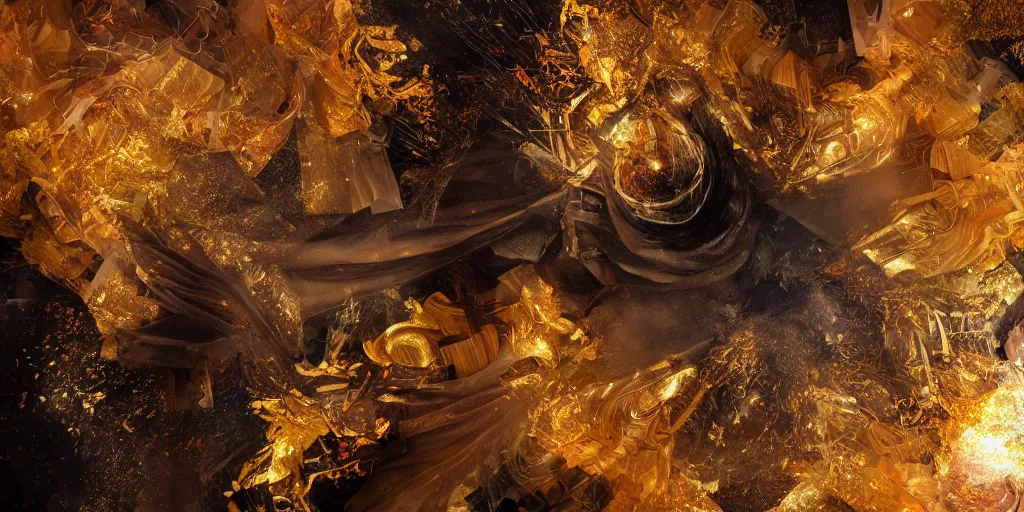 Image similar to 'Deamons unleashed in Times Square' by István Sándorfi royally decorated, whirling smoke, embers, gold encrustations , gilt silk torn fabric, radiant colors, fantasy, perfect lighting, studio lit, volumetric lighting, micro details, 3d sculpture,