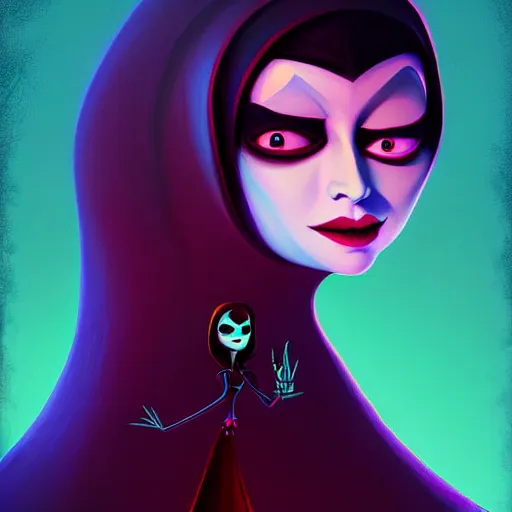 Prompt: curled perspective digital art of a dark hair woman with face covered by arafat arab scarf by anton fadeev from nightmare before christmas