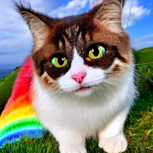 Prompt: vacation photos postcard from gizmo the rotund rainbow kitty with rainbow fur, a pink nose, multicolored eyes heterochromia cute wild adventures and travel to glorious locations