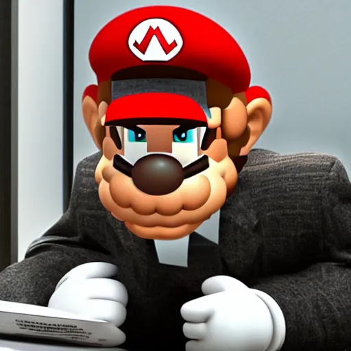 Prompt: Photo of cyborg Mario at a job interview. 4k. Detailed. Realistic. Dystopian corporation.