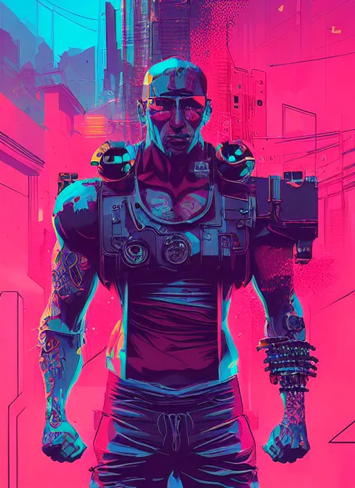 Prompt: cyberpunk gang bodybuilder by josan gonzalez splash art graphic design color splash high contrasting art, fantasy, highly detailed, art by greg rutkowski