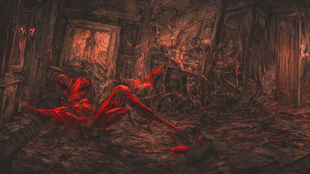 Image similar to the red goblin get killed by a sigil scribbled on the ground, inside a haunted destroyed house and. and inverted cross drawn on the wall, trending on artstation, wide view, cinematic view, cinematic, 8 k, digital photo, unreal engine, colored paint, colorful paint, scary style