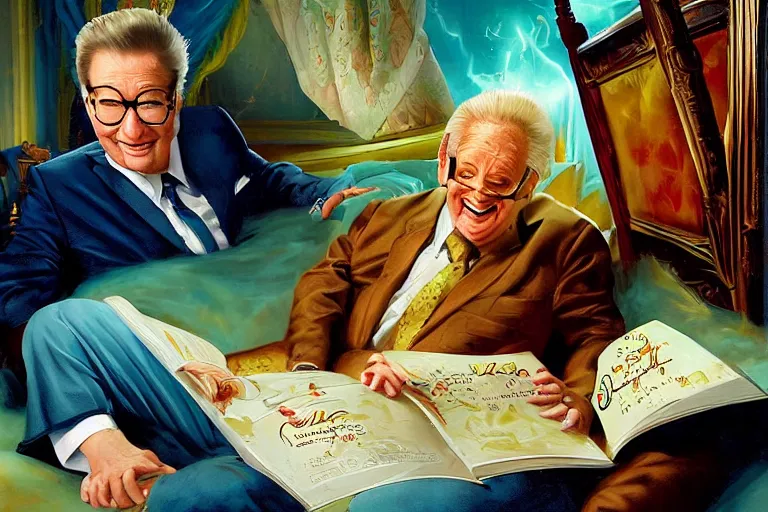 Image similar to portrait of rod roddy reading a bedtime story to bob barker in bed, an oil painting by ross tran and thomas kincade