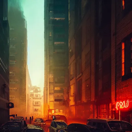 Prompt: an large apocalyptic city with tall buildings, london architecture in the style of liam wong, cinematic, epic environment, wide lens, cinematic lighting