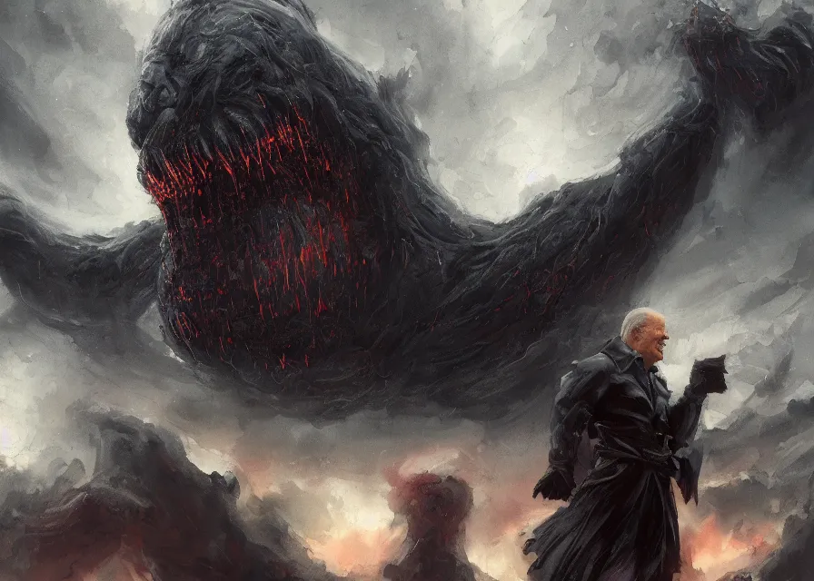 Prompt: large abstract painting of giant Joe Biden grinning evil emperor of the world emerging in dark clouds, cosmic horror, evil, dangerous, trending on ArtStation, masterpiece, by Greg Rutkowski, by Ross Tran, by Fenghua Zhong, octane, lightbeam eyes, soft render, clear facial features, oil on canvas, immense crowd of people, moody lighting, cinematic, professional environment concept art