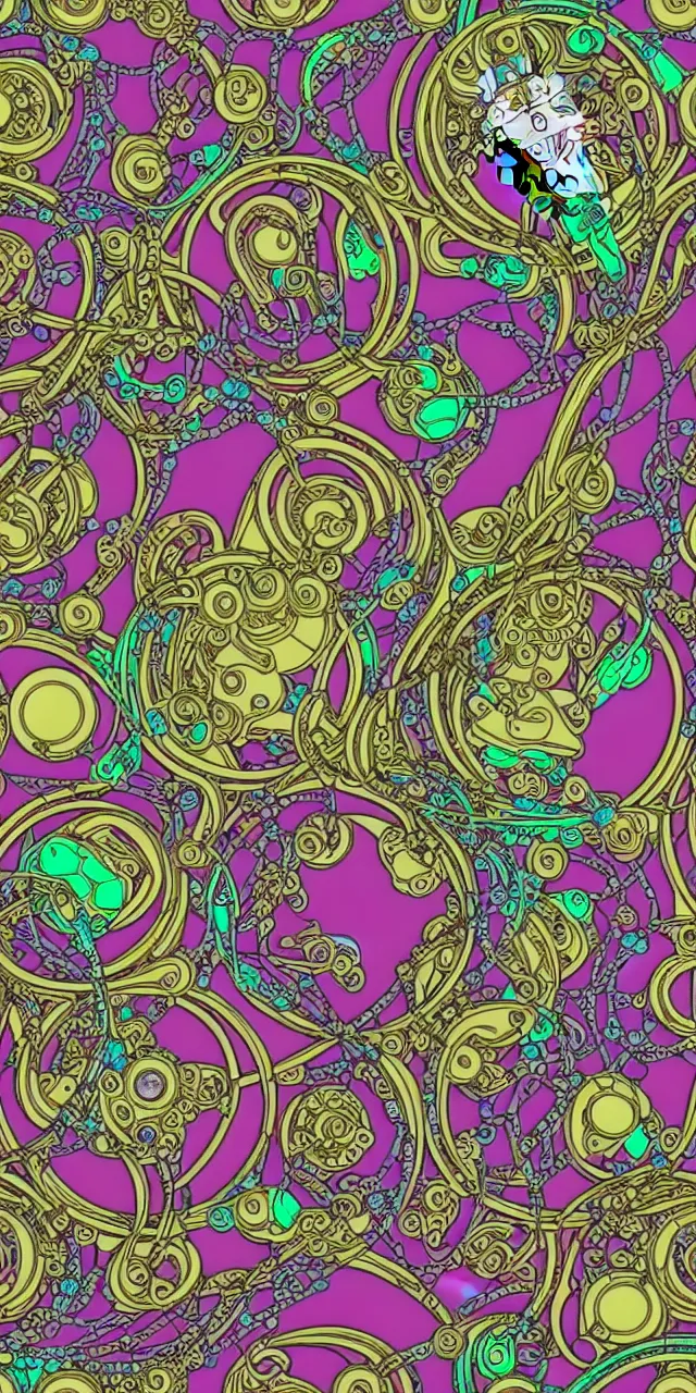 Image similar to seamless pattern of beautiful cybernetic robotic goddess with colorful flowers cartier jewelry and cables arranged in a art nouveau damask pattern, subsurface scattering, rainbow liquids, inside organic robotic tubes and parts, black background, symmetrical composition + intricate details, hyperrealism, wet, reflections + by alfonse mucha, no blur