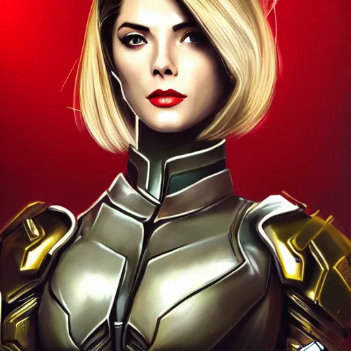 Image similar to A combination of Ada Wong's and Grace Kelly's and Ashley Greene's appearances with blonde hair wearing Spartan Vale's armor from Halo, high tech, action shot, angular, full body portrait, futuristic, dramatic, fantasy, intricate, elegant, highly detailed, digital painting, artstation, concept art, matte, sharp focus, illustration, 8K, art by Donato Giancola and James Gurney