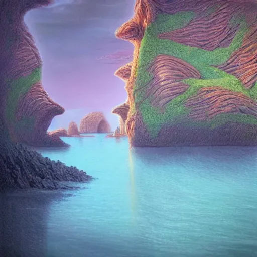 Prompt: artistic digital artwork of a lush natural scene on an alien planet. beautiful landscape by lurid ( 2 0 2 2 ), michael whelan and remedios varo. weird vegetation. cliffs and water. grainy and rough. interesting pastel colour palette. beautiful light. oil and water colour based on high quality render.