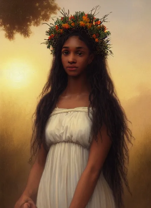 Image similar to oil painting close up portrait of a serene young black woman with long dark flowing hair in a white dress, wearing a crown of wildflowers!! at sunset, hazy, digital art, chiaroscuro, artstation, cinematic, golden hour, digital art painting by greg rutkowski, william - adolphe bouguereau, hazy atmosphere, cinematic lighting
