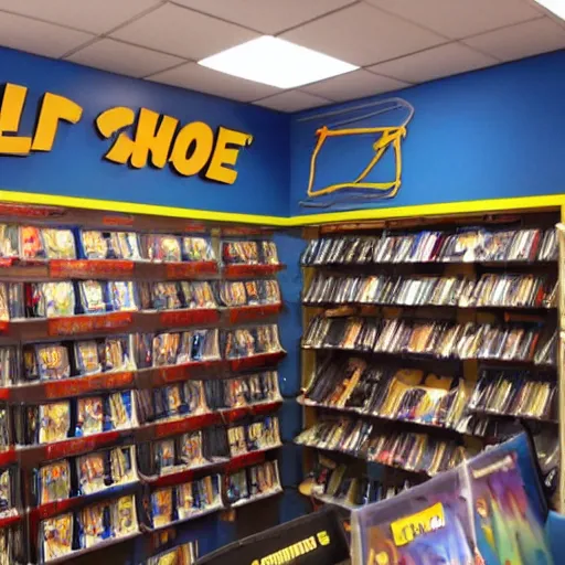 Image similar to claymation, blockbuster movie rental store
