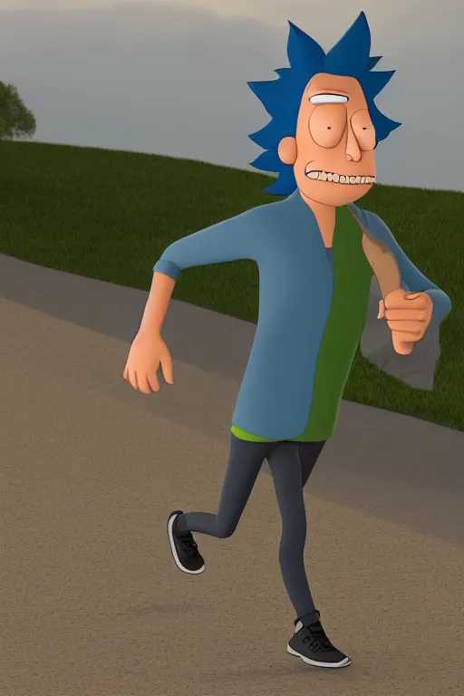 Image similar to hiper-realistic Rick Sanchez from Rick and Morty, running outside, 8k