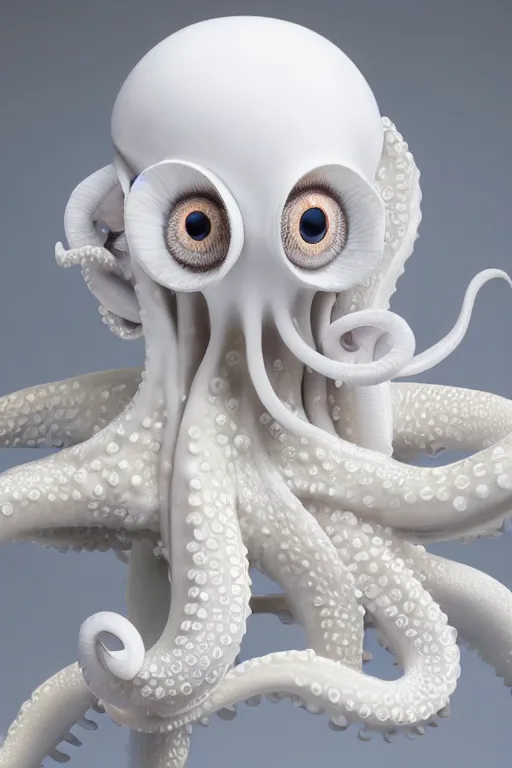 Image similar to full head and shoulders, beautiful porcelain female person, smooth, delicate facial features, white detailed eyes, white lashes, 3 d white shiny thick, large octopus tentacles and eyeballs by daniel arsham and james jean