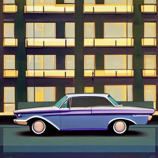 Image similar to painting of a 1960s American car parked outside of an apartment block, atmospheric lighting, detailed, optimistic