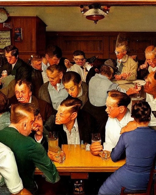 Image similar to crowd of people in a bar in the style of Norman Rockwell and Francis Bacon and Edward Hopper. Strange interior living room with lots of people, surreal