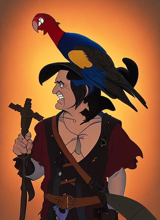 Image similar to robin williams as a pirate wearing black. parrot on his shoulder, on a pirate ship natural lighting, path traced, highly detailed, high quality, digital painting, by don bluth and ross tran and studio ghibli and alphonse mucha, artgerm