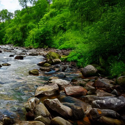 Image similar to a beautiful landscape, river, lush vegetation, 8K, photo