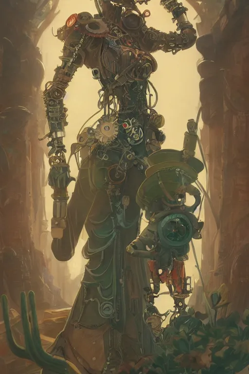 Image similar to anthropomorphic cactus as steampunk half - cyborg, western, high fantasy, dnd, smooth, sharp focus, illustration, highly detailed, digital painting, artstation, concept art, by disney animation, rossdraws, alphonse mucha, frank fanzzeta, collectible card art