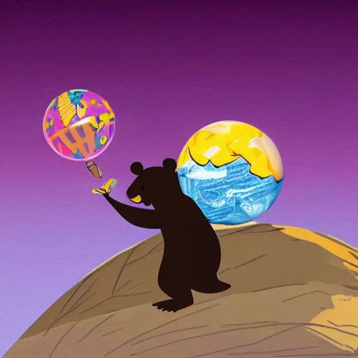 Image similar to cartoon illustration of a bear mascot being launched from a futuristic marble planet, purple and orange cloudland