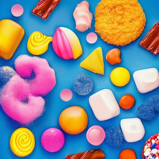 Image similar to !dream A world made entirely of candy, where the sky is a deep blue and the sun is a giant marshmallow. The ground is soft and bouncy like cotton candy, and every creature is some kind of dessert. Multi-compositional image with food photography.