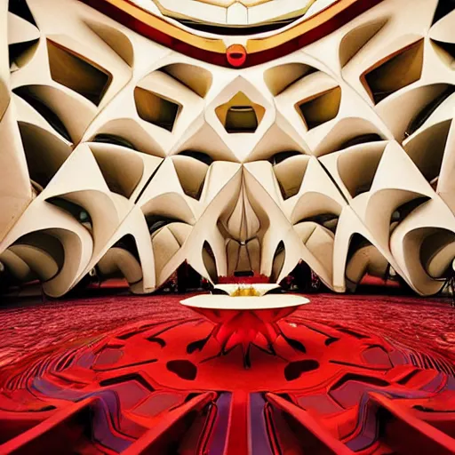 Image similar to interior of a futuristic lotus temple with gold, red and white marble panels, in the desert, by buckminster fuller and syd mead, intricate contemporary architecture with art nouveau motifs, photo journalism, photography, cinematic, national geographic photoshoot