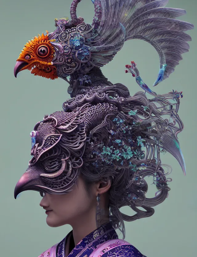 Image similar to 3 d goddess close - up profile solarpunk portrait ram skull. beautiful intricately detailed japanese crow kitsune mask and clasical japanese kimono. betta fish, jellyfish phoenix, bio luminescent, plasma, ice, water, wind, creature, artwork by tooth wu and wlop and beeple and greg rutkowski