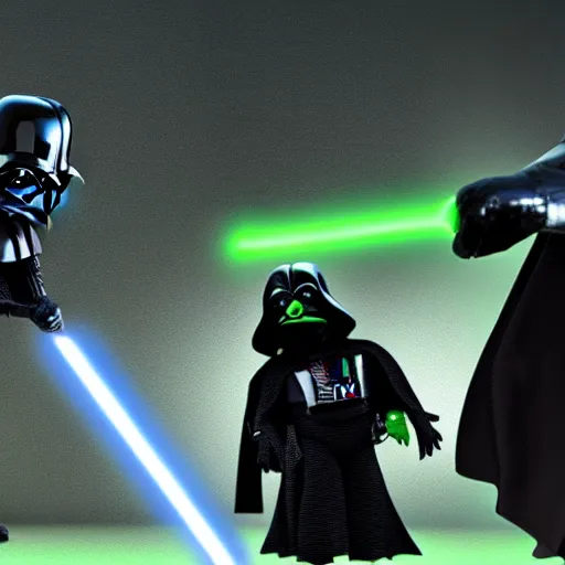 Prompt: Darth Vader battles Kermit the Frog in a Lightsaber duel, cinematic, 8k