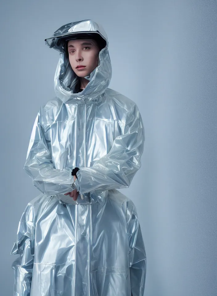 Image similar to an ultra high definition professional studio quality portrait photograph of a silver skinned android influencer wearing a transparent iridescent pastel coloured visor and matching wavey raincoat on white hook in a sheer icelandic black rock environment. three point light. dramatic lighting. volumetric shadows. light rays