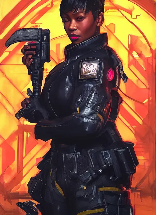 Prompt: black chun li. cyberpunk cop in tactical gear. plastic raincoat. blade runner 2 0 4 9 concept painting. epic painting by james gurney, azamat khairov, and alphonso mucha. artstationhq. painting with vivid color. ( rb 6 s, cyberpunk 2 0 7 7 )