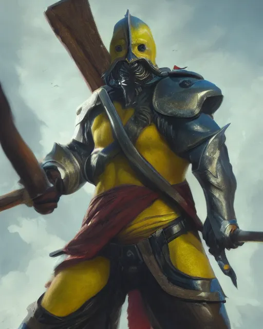 Prompt: oil painting of Anthropomorphized Angry banana warrior, sharp focus, holding axes, heroic pose, fantasy style, octane render, volumetric lighting, 8k high definition, by greg rutkowski, highly detailed, trending on art Station, magic the gathering artwork, Battlefield backround, centered