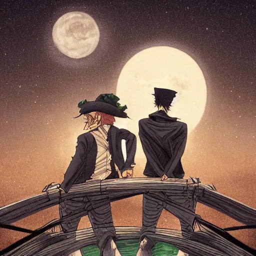 Image similar to two young men, one man human, one man vampire, night, on a birdge, detailed, intricate, aesthetic, artistic, 8 k resolution in the style of one piece
