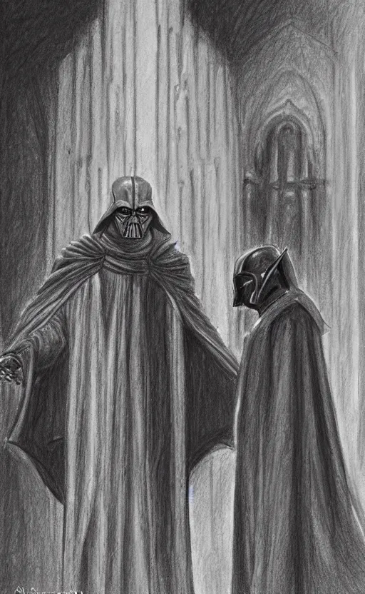 Image similar to « a beautiful drawing of darth bane creates a rule of two in an ancient sith temple stylized as a catholic church, very realistic, trendin on artstation »