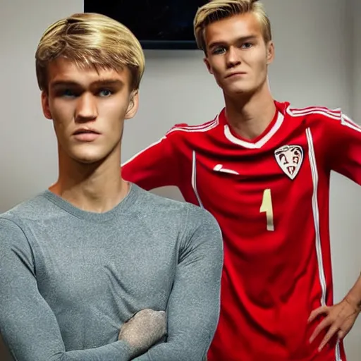 Prompt: a realistic detailed photo of a guy who is an attractive humanoid who is half robot and half humanoid, who is a male android, soccer player martin ødegaard, shiny skin, posing like a statue, blank stare, in a living room, on display, showing off his muscles, with a twin