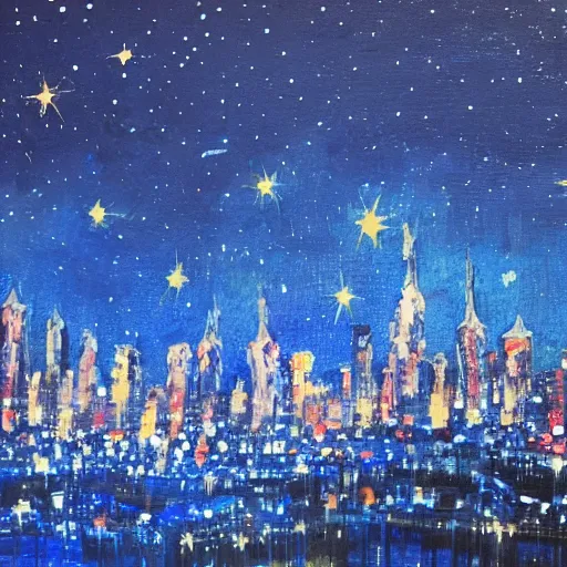 Prompt: night scene of a city. The darkness of the night is illuminated by artificial lighting. The sky is painted with cobalt blue, and shimmers with the light of stars.