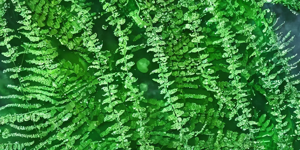 Prompt: deep green fern leaves with drops of water and glitter shimmering in the moonlight