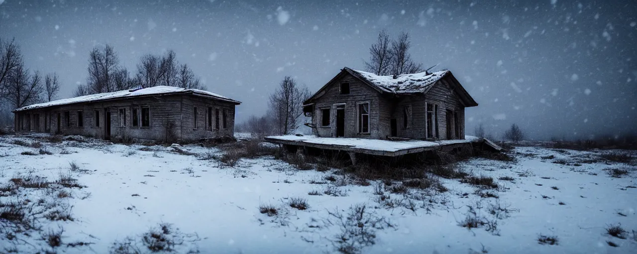 Prompt: landscape, soviet military, abandoned lifeless house, dark winter evening, snowing, atmospheric, mystical, very detailed 4 k